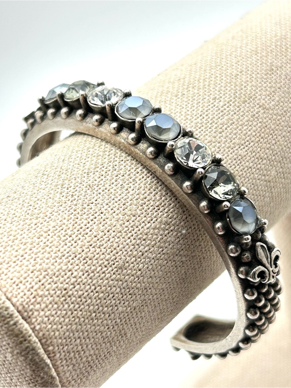 French Kande Fleur di Lis Silver Cuff Bracelet with Swarovski Crystals